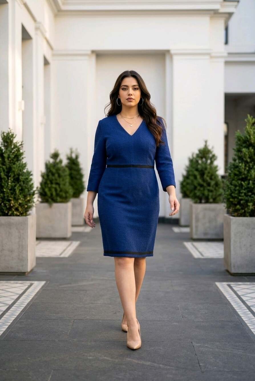 BOSS Hugo Boss Hemio Blue Textured Knit V-Neck Sheath Knee Dress Trim @ Waist 10
